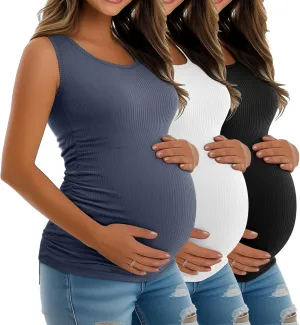 Riyiper 3 Pack Women's Maternity Tank Tops, Sleeveless Cotton Pregnancy Shirts Ribbed Knit Sides Ruched Basic Mama Clothes