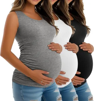 Riyiper 3 Pack Women's Maternity Tank Tops, Sleeveless Cotton Pregnancy Shirts Ribbed Knit Sides Ruched Basic Mama Clothes