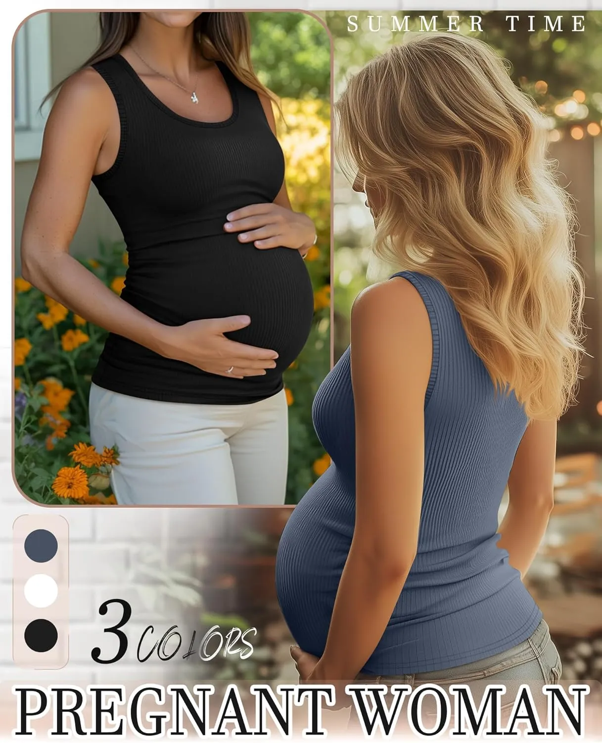 Riyiper 3 Pack Women's Maternity Tank Tops, Sleeveless Cotton Pregnancy Shirts Ribbed Knit Sides Ruched Basic Mama Clothes