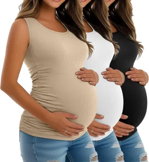 Riyiper 3 Pack Women's Maternity Tank Tops, Sleeveless Cotton Pregnancy Shirts Ribbed Knit Sides Ruched Basic Mama Clothes