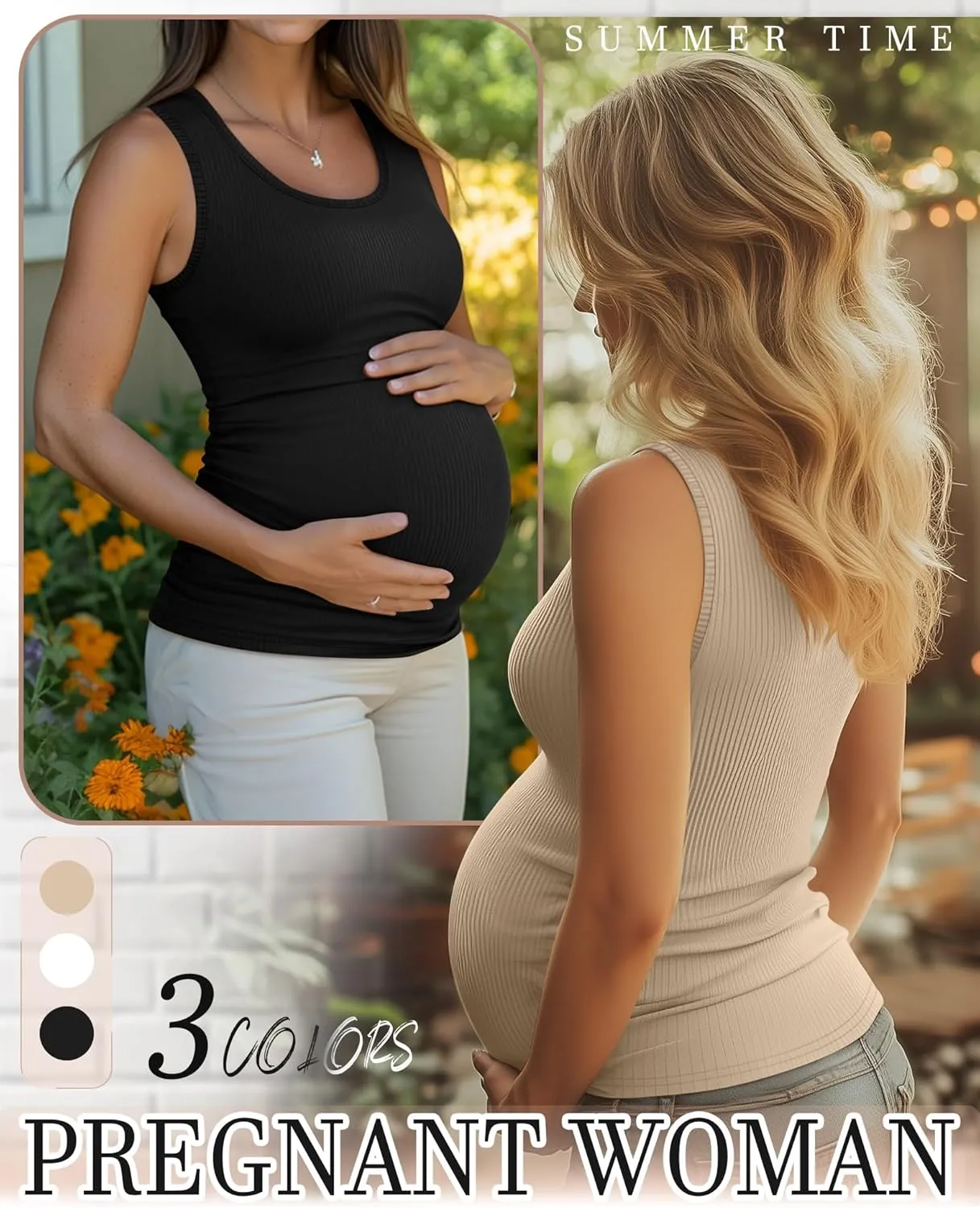 Riyiper 3 Pack Women's Maternity Tank Tops, Sleeveless Cotton Pregnancy Shirts Ribbed Knit Sides Ruched Basic Mama Clothes