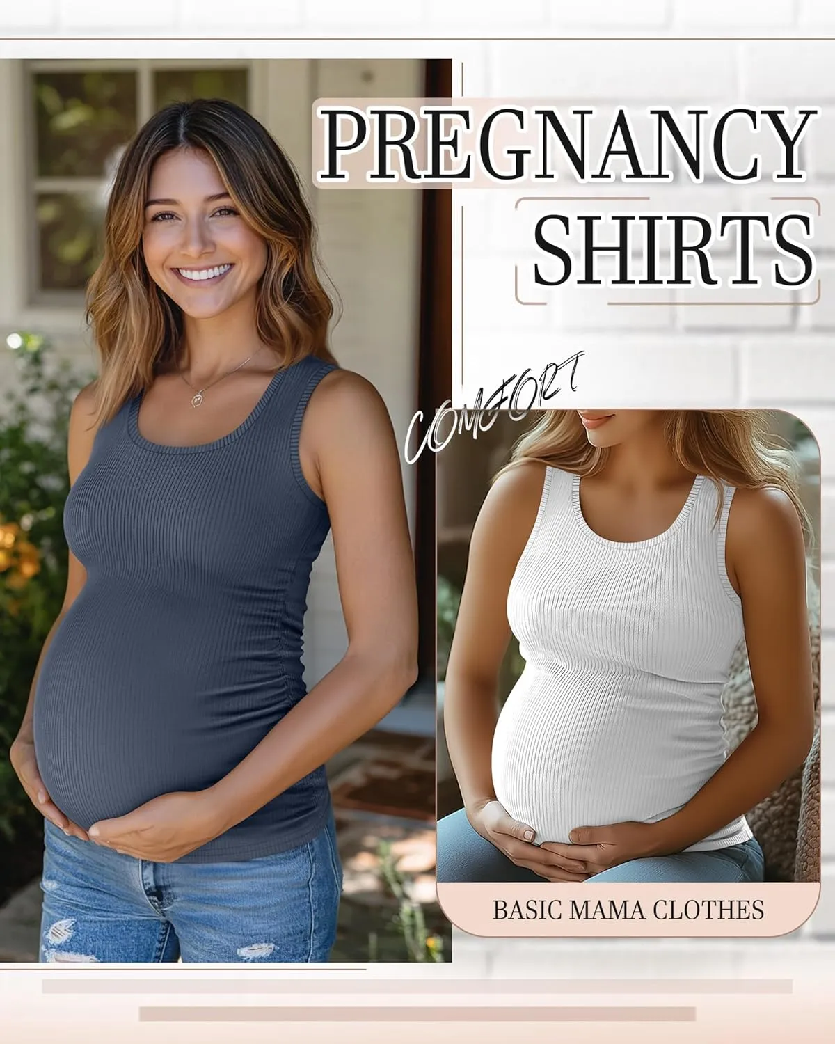 Riyiper 3 Pack Women's Maternity Tank Tops, Sleeveless Cotton Pregnancy Shirts Ribbed Knit Sides Ruched Basic Mama Clothes