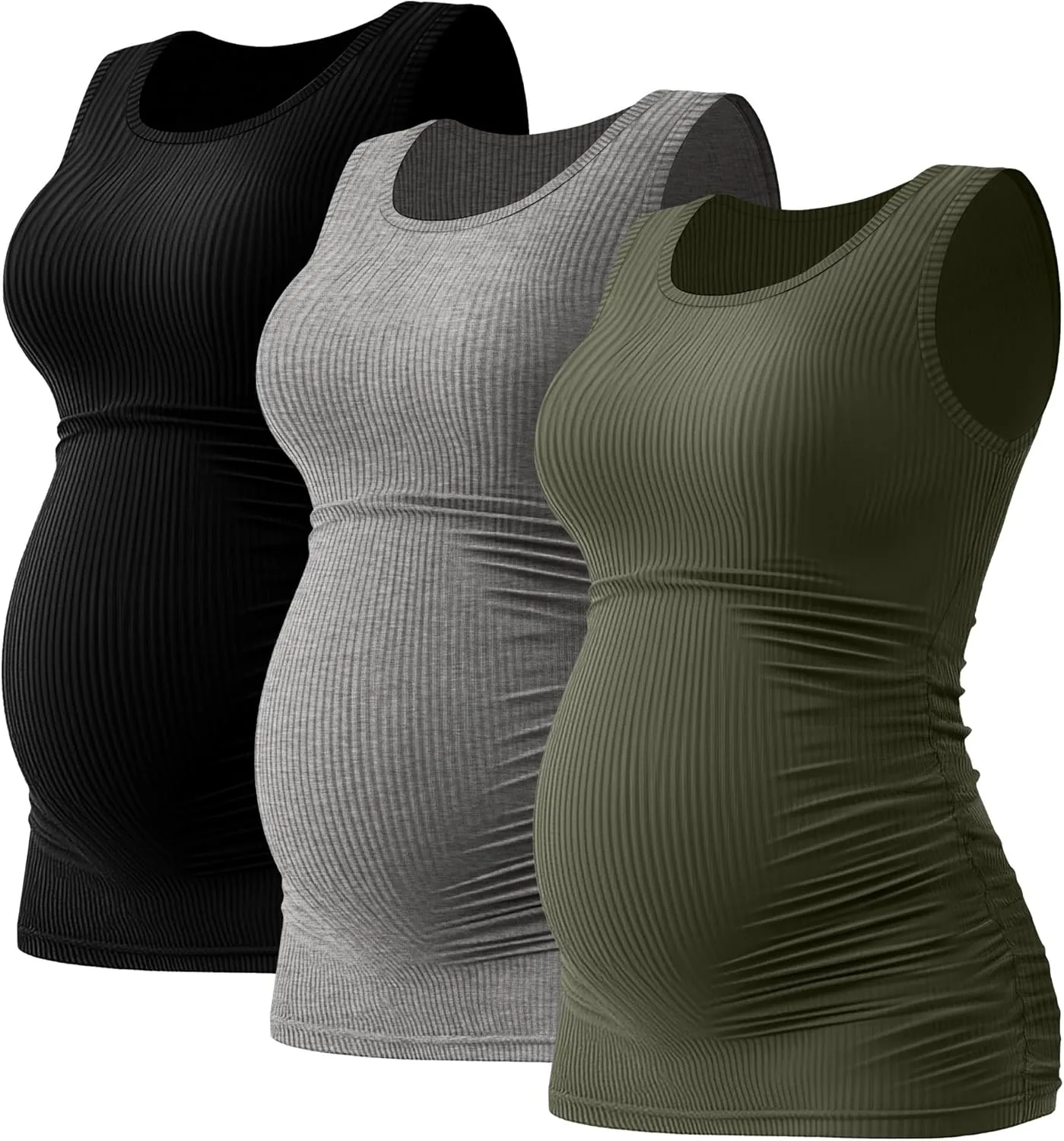 Riyiper 3 Pack Women's Maternity Tank Tops, Sleeveless Cotton Pregnancy Shirts Ribbed Knit Sides Ruched Basic Mama Clothes