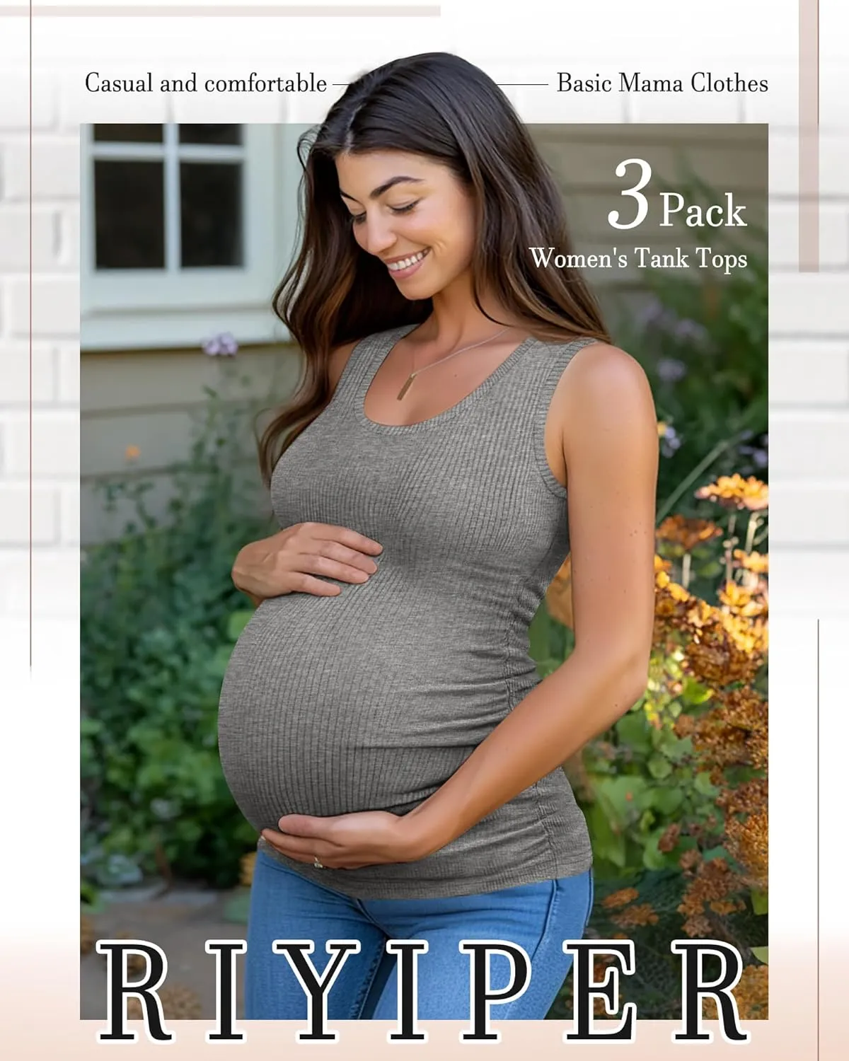Riyiper 3 Pack Women's Maternity Tank Tops, Sleeveless Cotton Pregnancy Shirts Ribbed Knit Sides Ruched Basic Mama Clothes