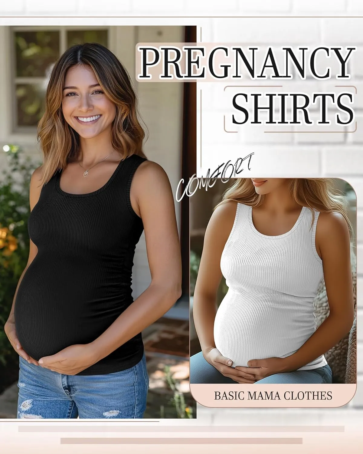 Riyiper 3 Pack Women's Maternity Tank Tops, Sleeveless Cotton Pregnancy Shirts Ribbed Knit Sides Ruched Basic Mama Clothes