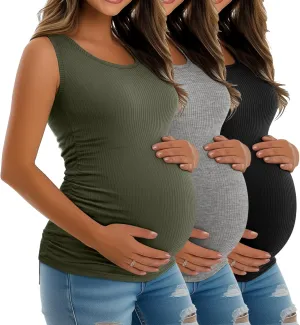 Riyiper 3 Pack Women's Maternity Tank Tops, Sleeveless Cotton Pregnancy Shirts Ribbed Knit Sides Ruched Basic Mama Clothes