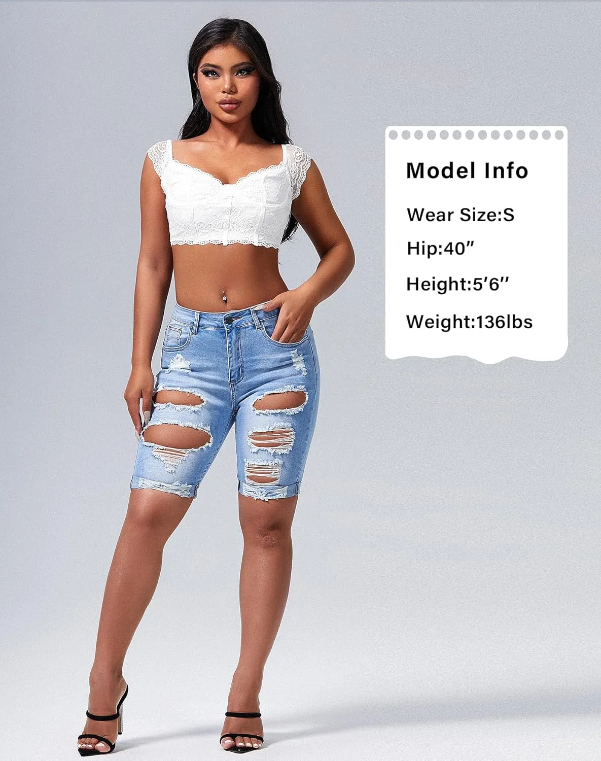 roswear Women's Ripped Denim Destroyed Mid Rise Stretchy Bermuda Shorts Jeans