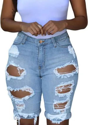 roswear Women's Ripped Denim Destroyed Mid Rise Stretchy Bermuda Shorts Jeans