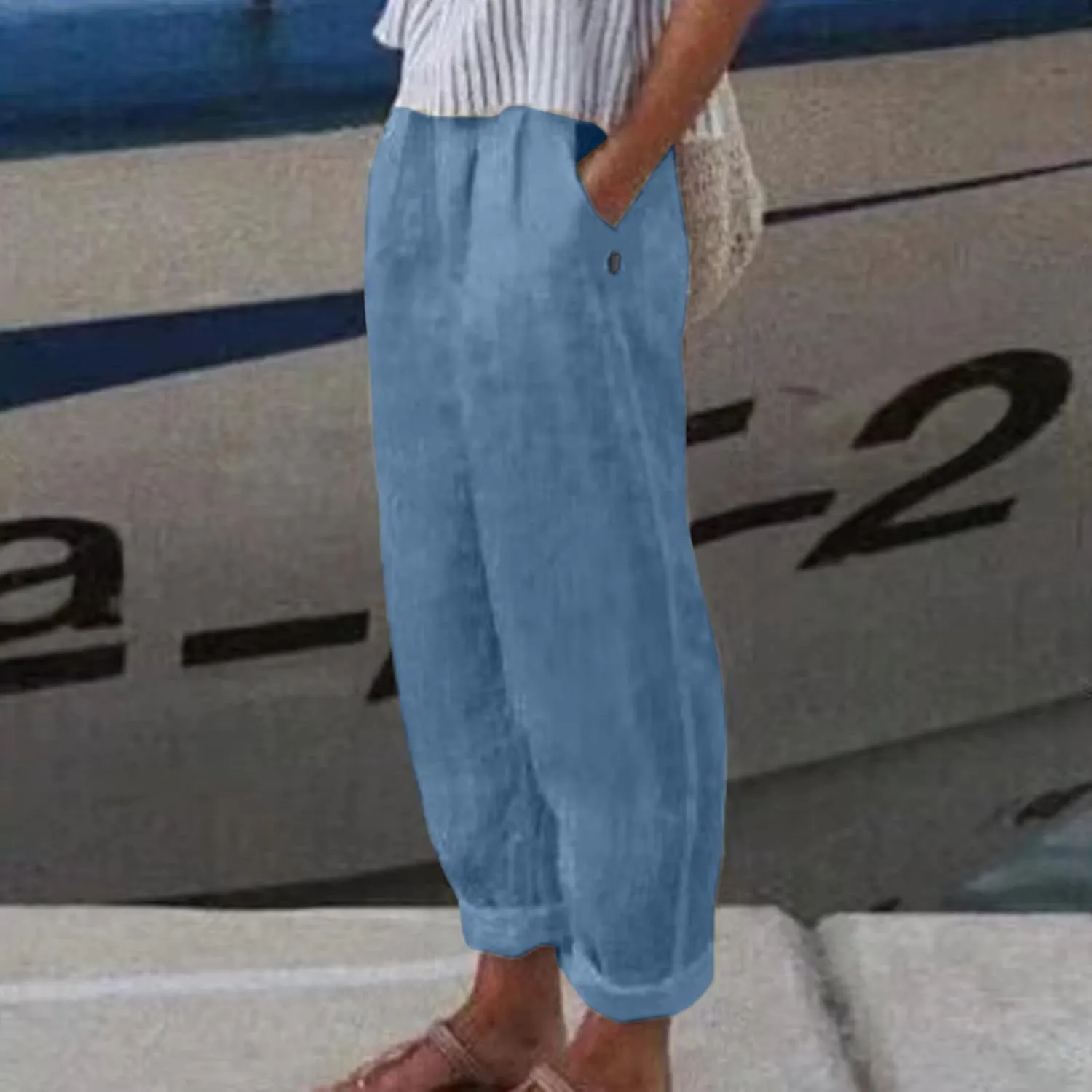 Rvidbe Linen Pants Women Summer 2024 Striped Side Button Casual Elastic High Waist Straight Leg Loose Boho Trendy Trousers