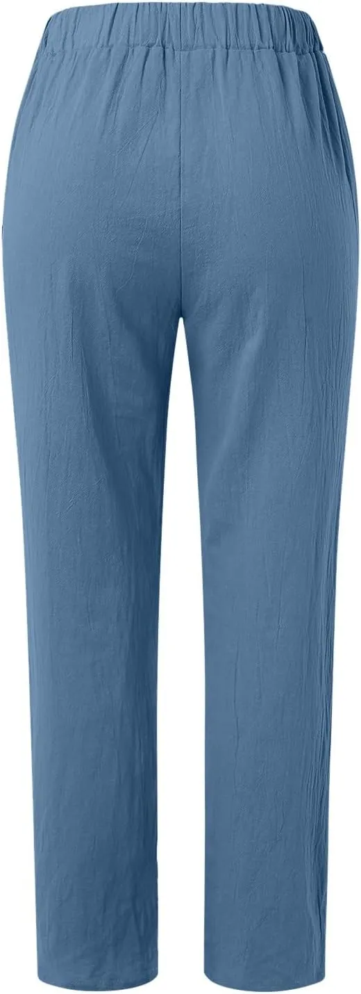 Rvidbe Linen Pants Women Summer 2024 Striped Side Button Casual Elastic High Waist Straight Leg Loose Boho Trendy Trousers