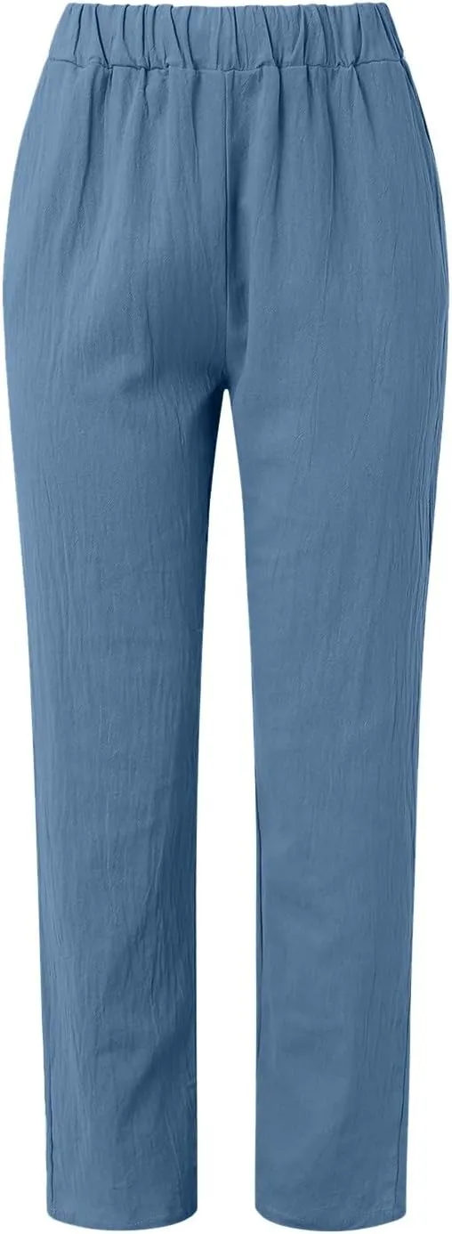 Rvidbe Linen Pants Women Summer 2024 Striped Side Button Casual Elastic High Waist Straight Leg Loose Boho Trendy Trousers