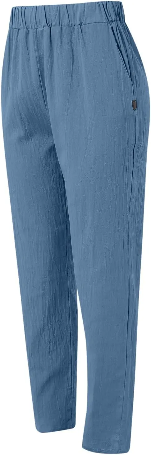 Rvidbe Linen Pants Women Summer 2024 Striped Side Button Casual Elastic High Waist Straight Leg Loose Boho Trendy Trousers