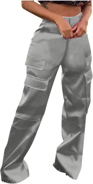 Satin Cargo Pants for Women High Waist Multiple Pockets Straight Wide Leg Trouser Casual Outdoor Flowy Palazzo Pants