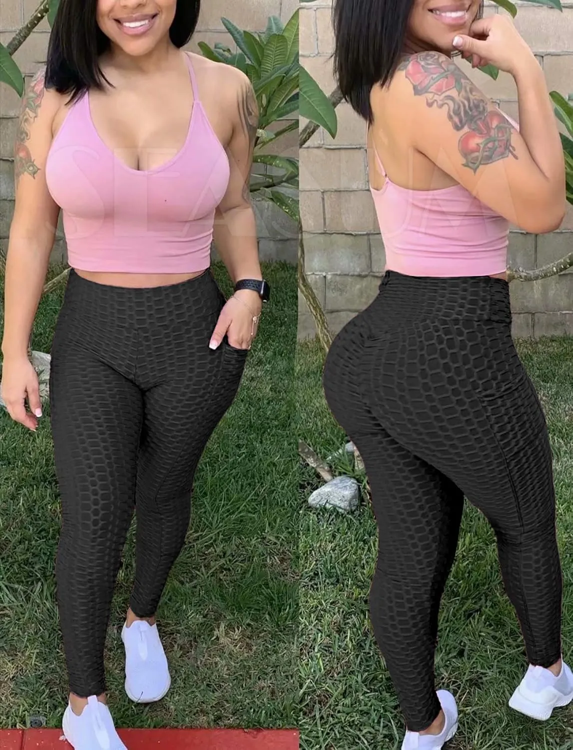 SEASUM Women High Waisted Workout Yoga Pants Butt Lifting Scrunch Booty Leggings Tummy Control Anti Cellulite Textured Tights