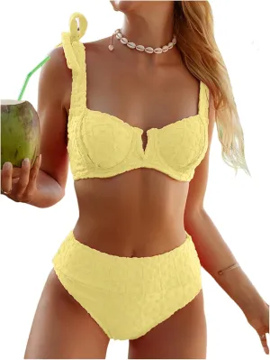 SHENHE Women's 2 Piece Underwire Swimsuit Floral Textured High Waisted Tie Shoulder Bikini Set