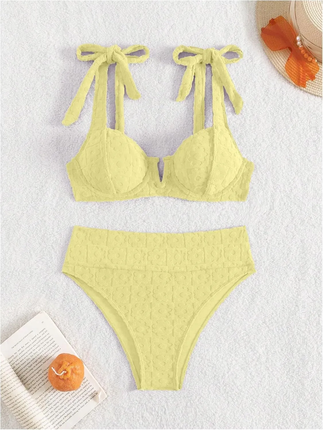 SHENHE Women's 2 Piece Underwire Swimsuit Floral Textured High Waisted Tie Shoulder Bikini Set