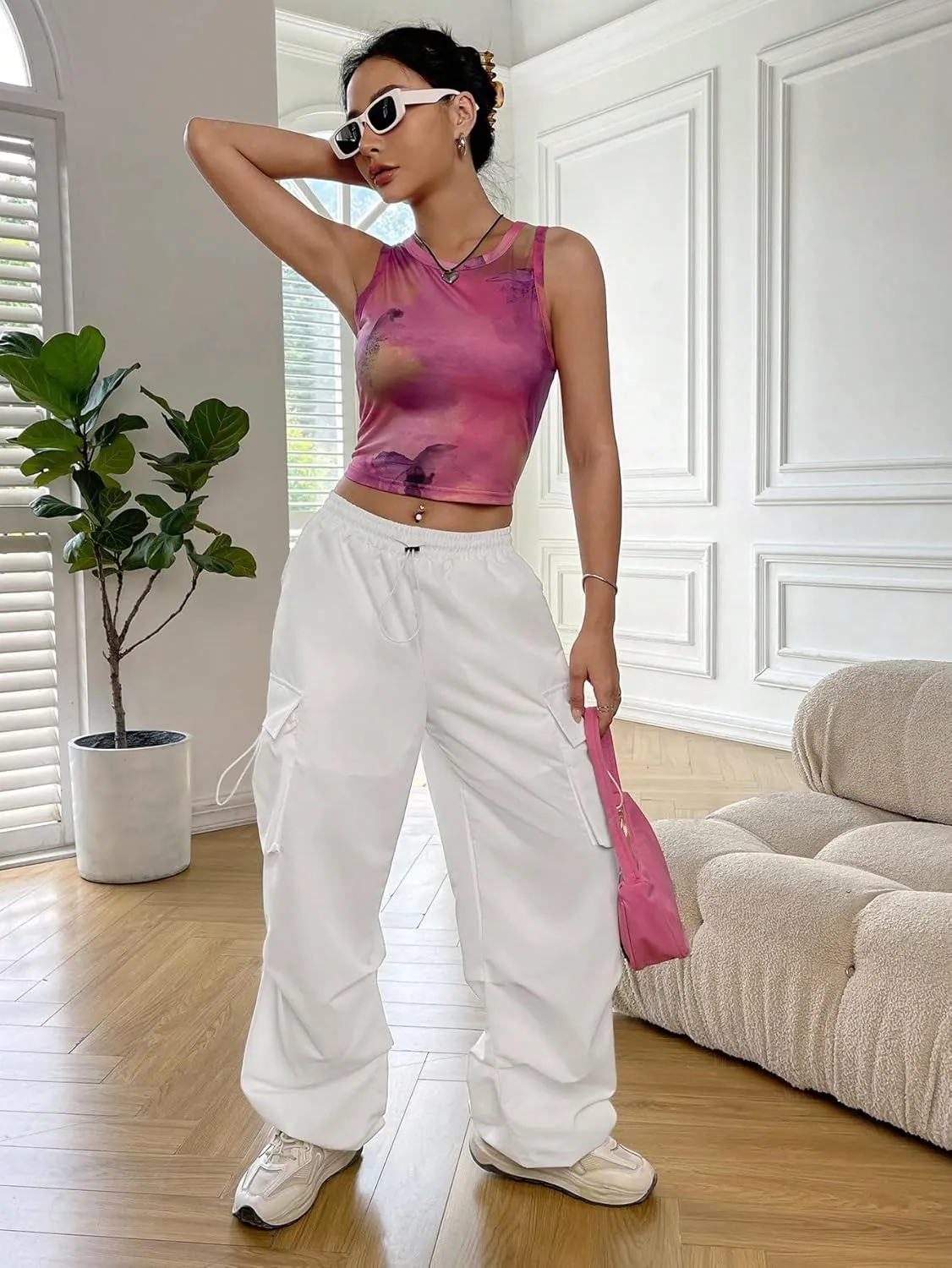 SHENHE Women's Baggy Loose Cargo Pants Drawstring Waist Joggers Long Trousers