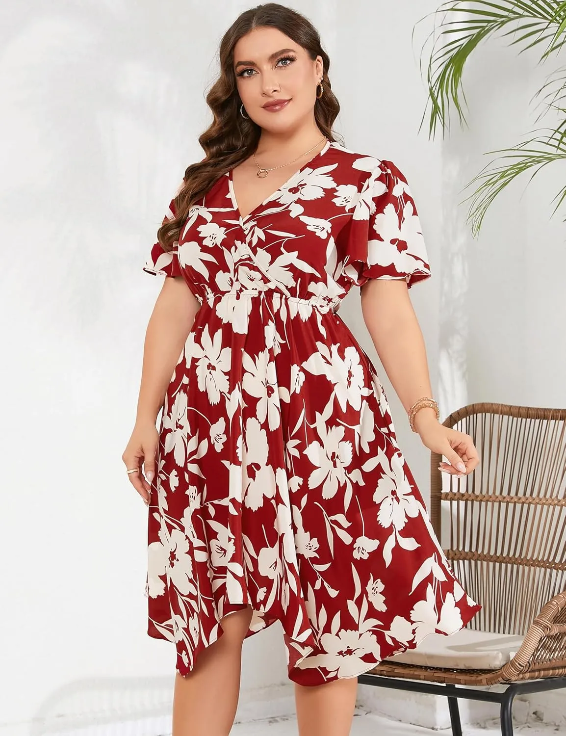 ShopWonder Women Plus Size Wrap V Neck Midi Dress Short Sleeves High Waist Irregular Hem Summer Casual Dress