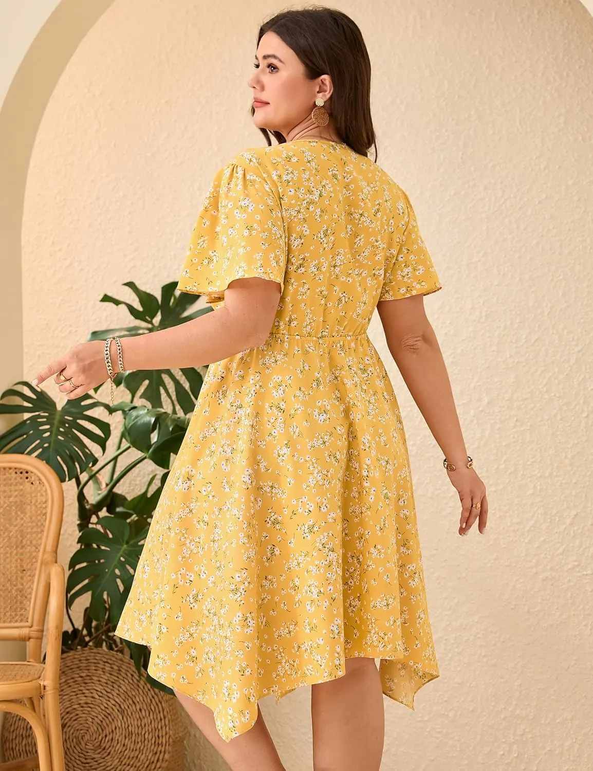 ShopWonder Women Plus Size Wrap V Neck Midi Dress Short Sleeves High Waist Irregular Hem Summer Casual Dress