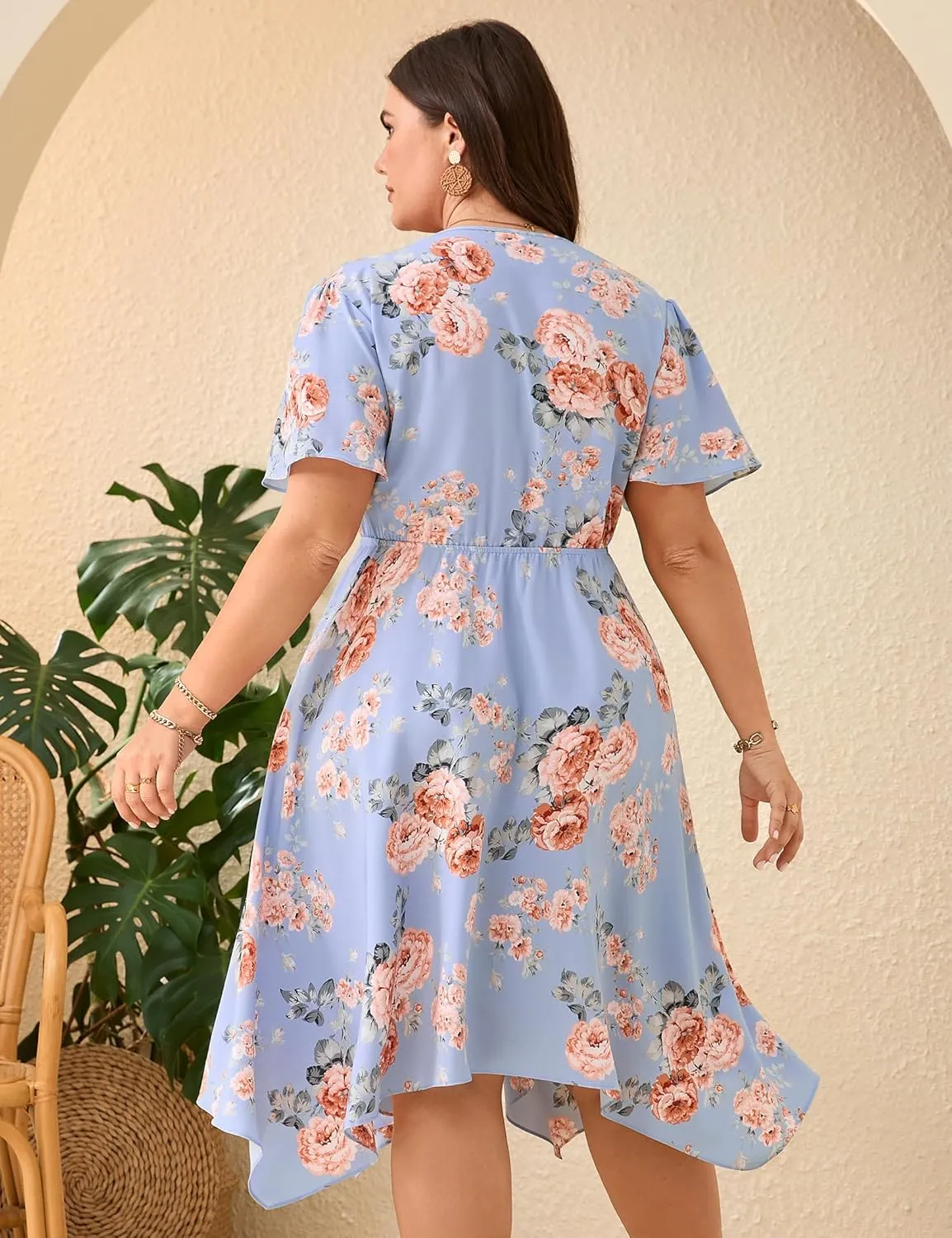 ShopWonder Women Plus Size Wrap V Neck Midi Dress Short Sleeves High Waist Irregular Hem Summer Casual Dress