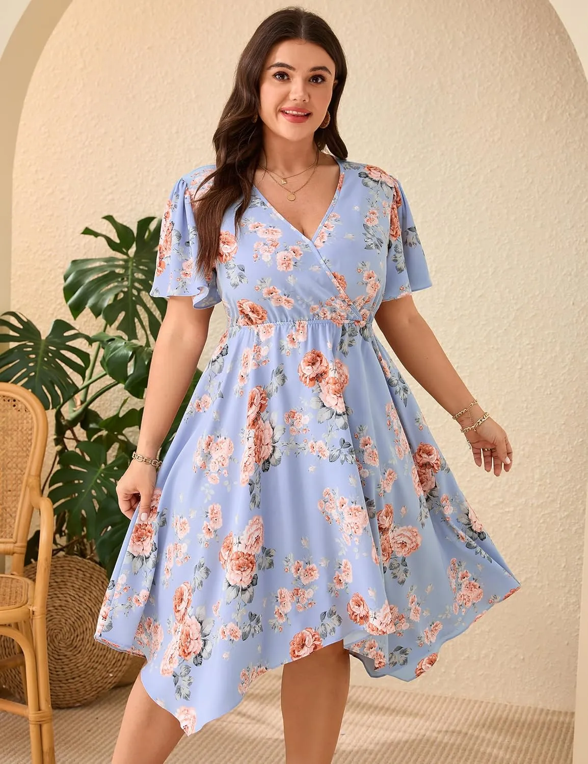 ShopWonder Women Plus Size Wrap V Neck Midi Dress Short Sleeves High Waist Irregular Hem Summer Casual Dress