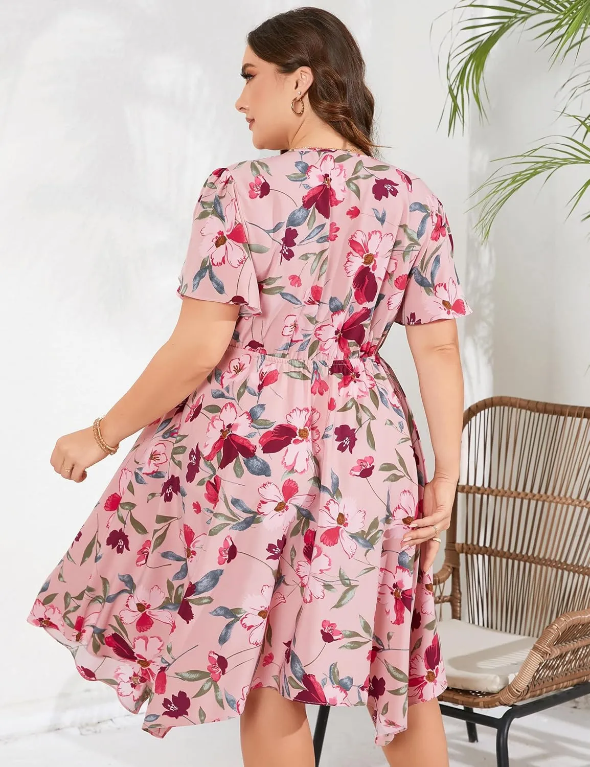 ShopWonder Women Plus Size Wrap V Neck Midi Dress Short Sleeves High Waist Irregular Hem Summer Casual Dress