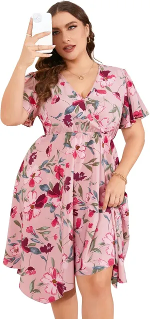 ShopWonder Women Plus Size Wrap V Neck Midi Dress Short Sleeves High Waist Irregular Hem Summer Casual Dress