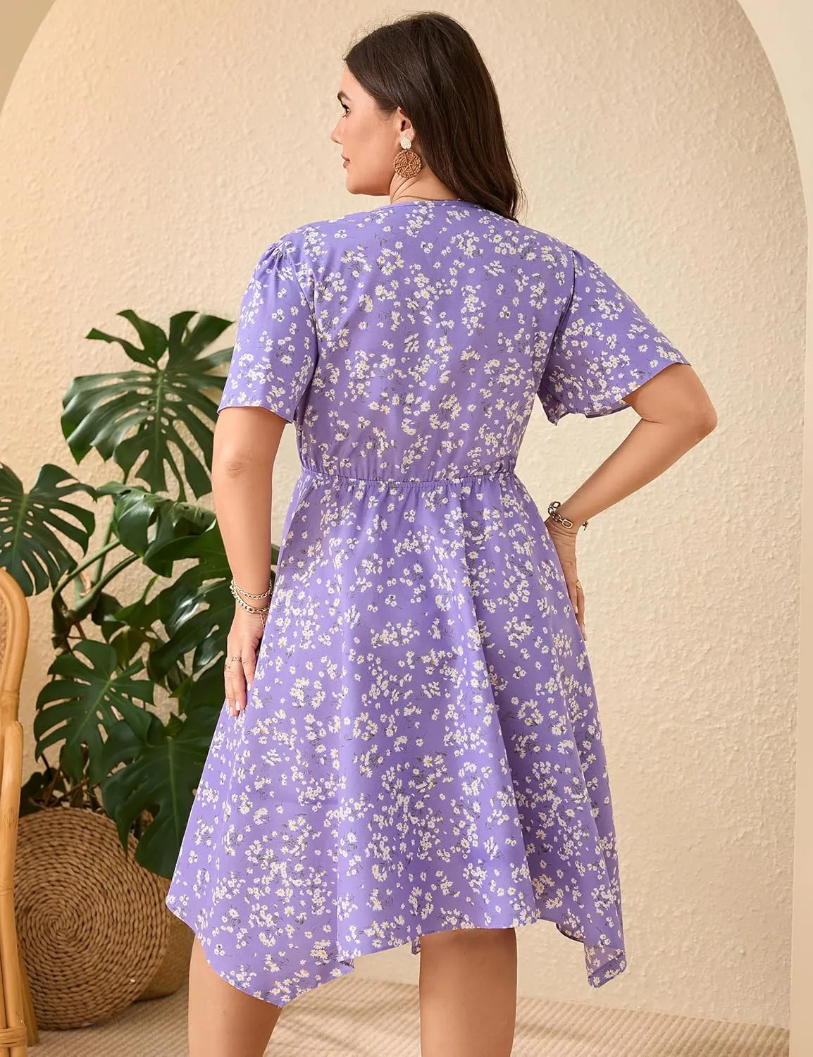 ShopWonder Women Plus Size Wrap V Neck Midi Dress Short Sleeves High Waist Irregular Hem Summer Casual Dress