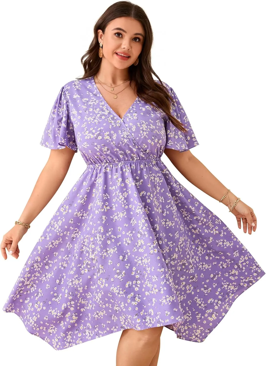 ShopWonder Women Plus Size Wrap V Neck Midi Dress Short Sleeves High Waist Irregular Hem Summer Casual Dress