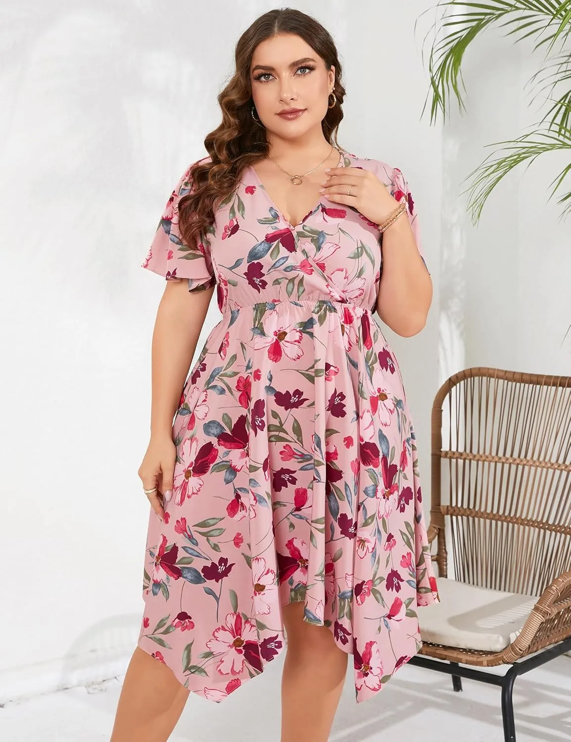 ShopWonder Women Plus Size Wrap V Neck Midi Dress Short Sleeves High Waist Irregular Hem Summer Casual Dress