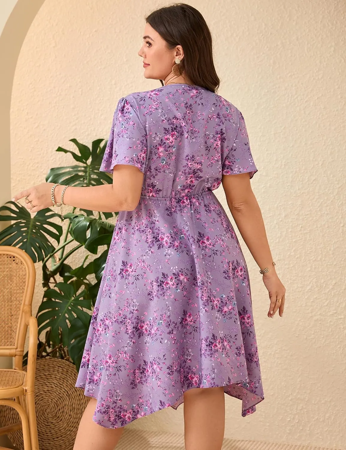 ShopWonder Women Plus Size Wrap V Neck Midi Dress Short Sleeves High Waist Irregular Hem Summer Casual Dress