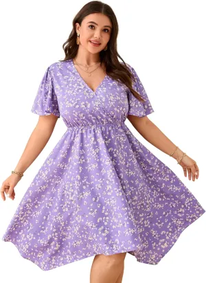 ShopWonder Women Plus Size Wrap V Neck Midi Dress Short Sleeves High Waist Irregular Hem Summer Casual Dress
