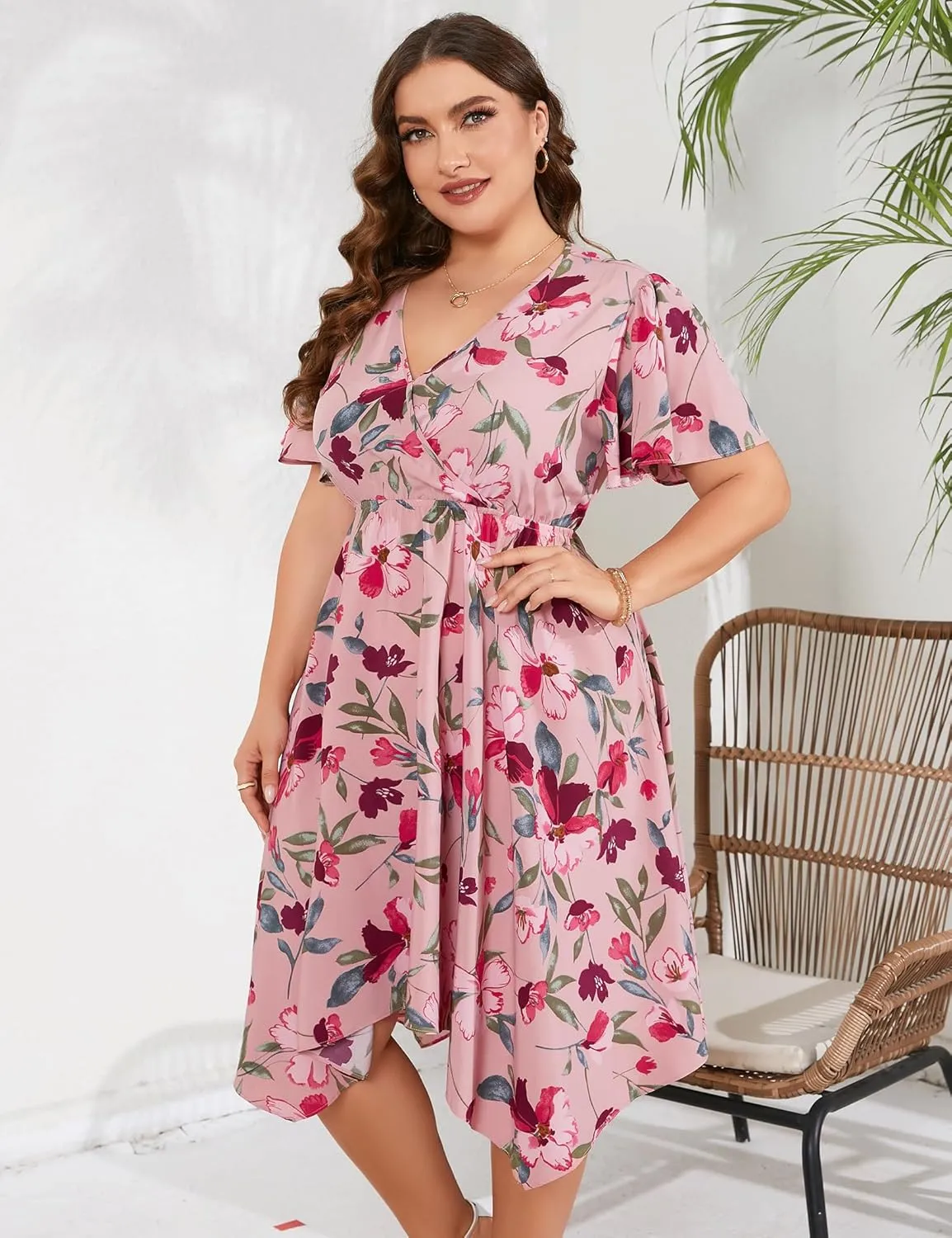 ShopWonder Women Plus Size Wrap V Neck Midi Dress Short Sleeves High Waist Irregular Hem Summer Casual Dress