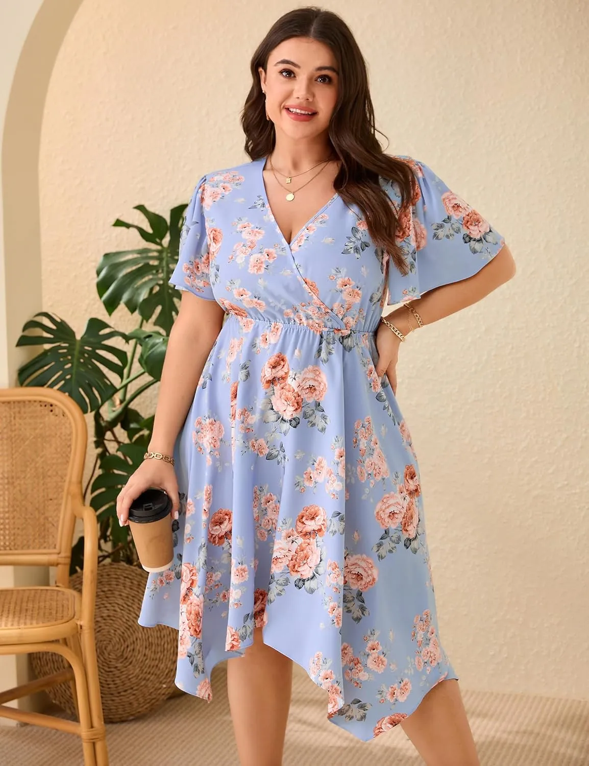 ShopWonder Women Plus Size Wrap V Neck Midi Dress Short Sleeves High Waist Irregular Hem Summer Casual Dress