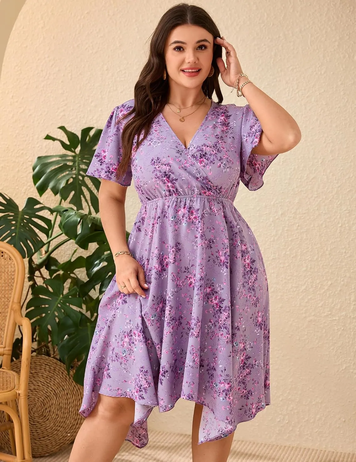 ShopWonder Women Plus Size Wrap V Neck Midi Dress Short Sleeves High Waist Irregular Hem Summer Casual Dress