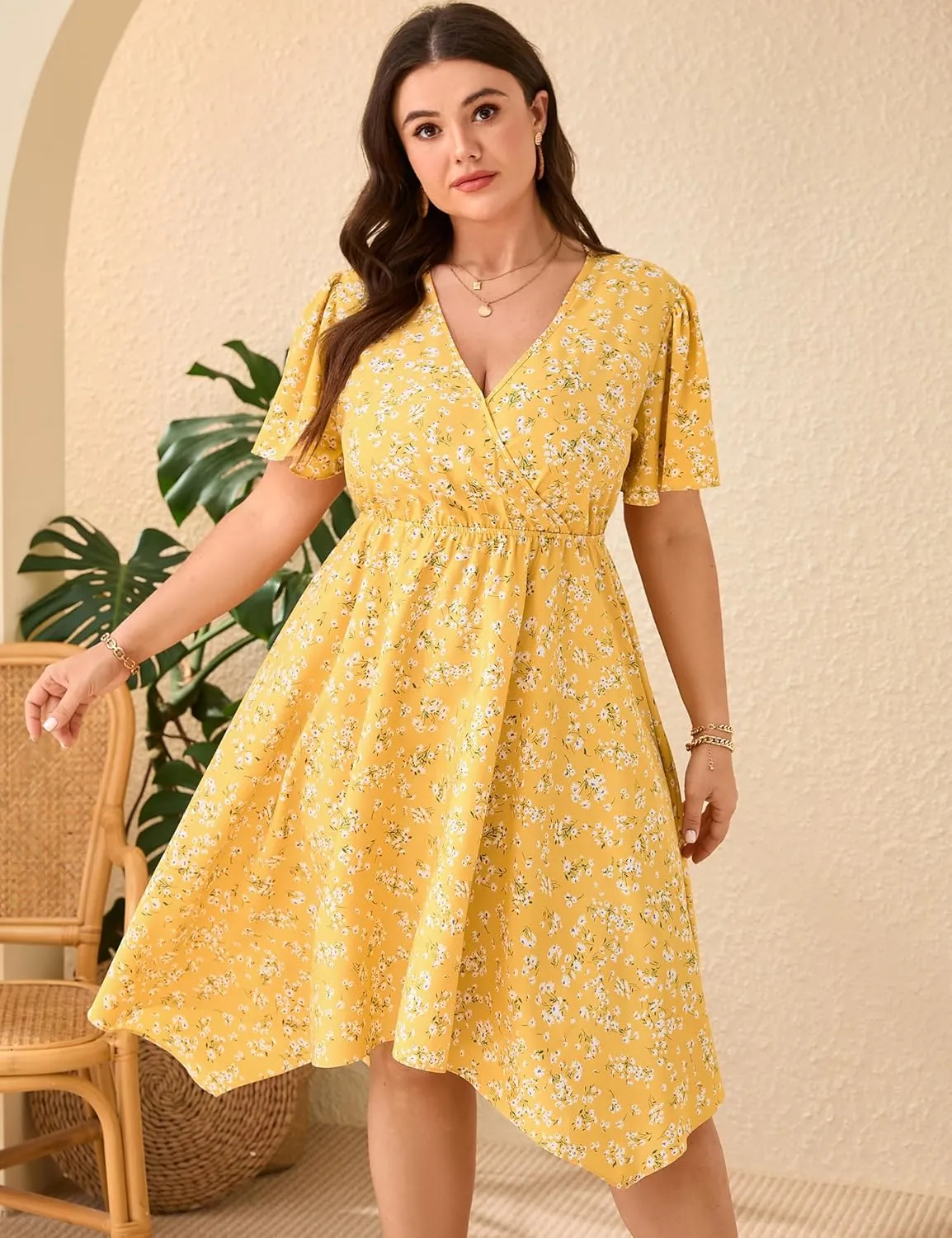 ShopWonder Women Plus Size Wrap V Neck Midi Dress Short Sleeves High Waist Irregular Hem Summer Casual Dress
