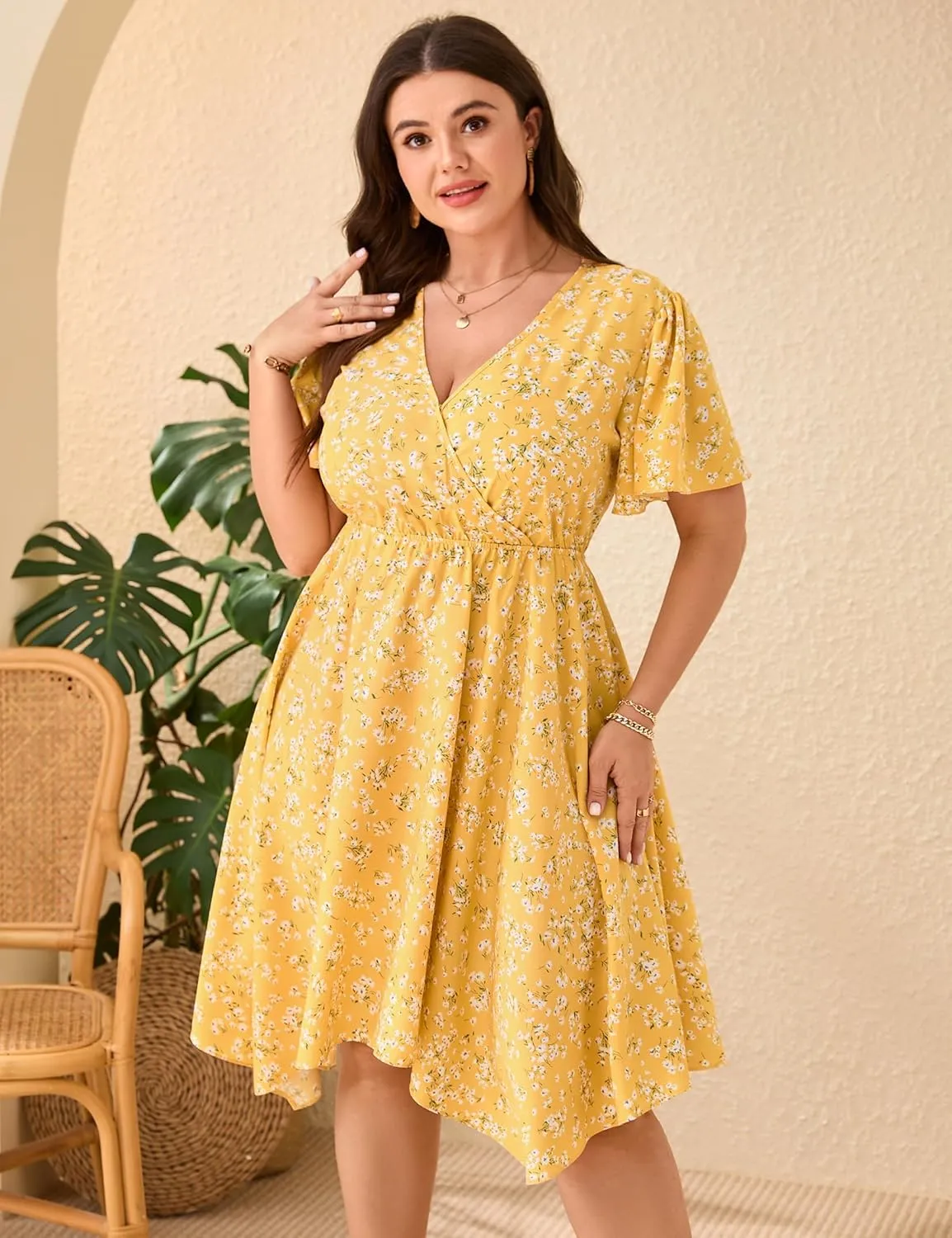 ShopWonder Women Plus Size Wrap V Neck Midi Dress Short Sleeves High Waist Irregular Hem Summer Casual Dress