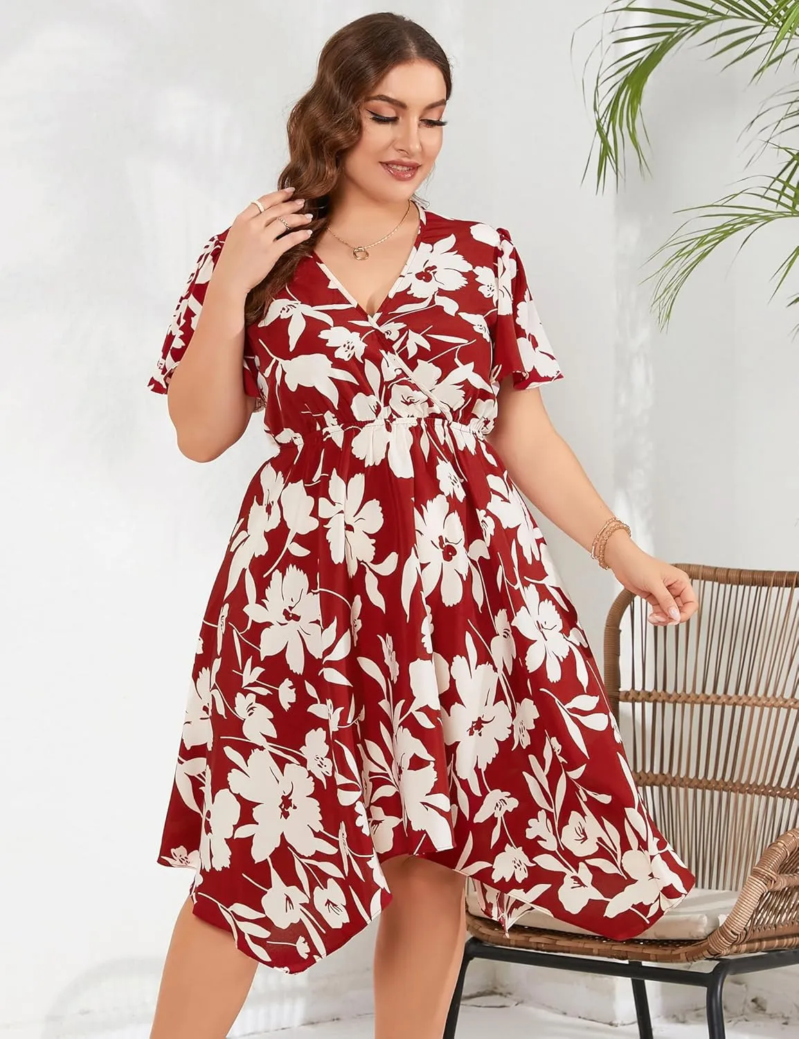 ShopWonder Women Plus Size Wrap V Neck Midi Dress Short Sleeves High Waist Irregular Hem Summer Casual Dress
