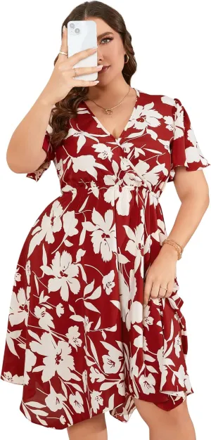 ShopWonder Women Plus Size Wrap V Neck Midi Dress Short Sleeves High Waist Irregular Hem Summer Casual Dress