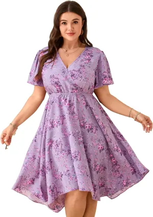 ShopWonder Women Plus Size Wrap V Neck Midi Dress Short Sleeves High Waist Irregular Hem Summer Casual Dress