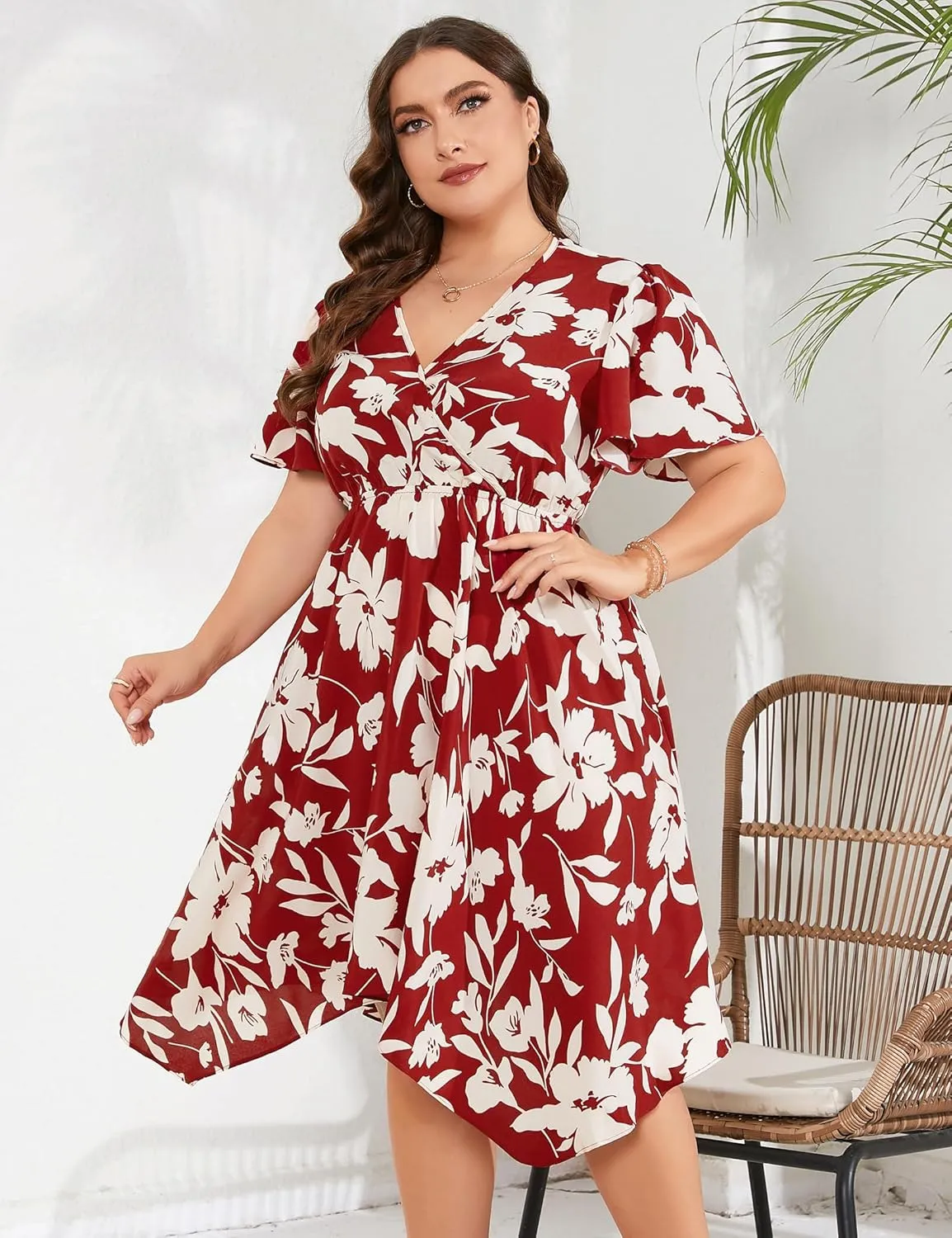 ShopWonder Women Plus Size Wrap V Neck Midi Dress Short Sleeves High Waist Irregular Hem Summer Casual Dress