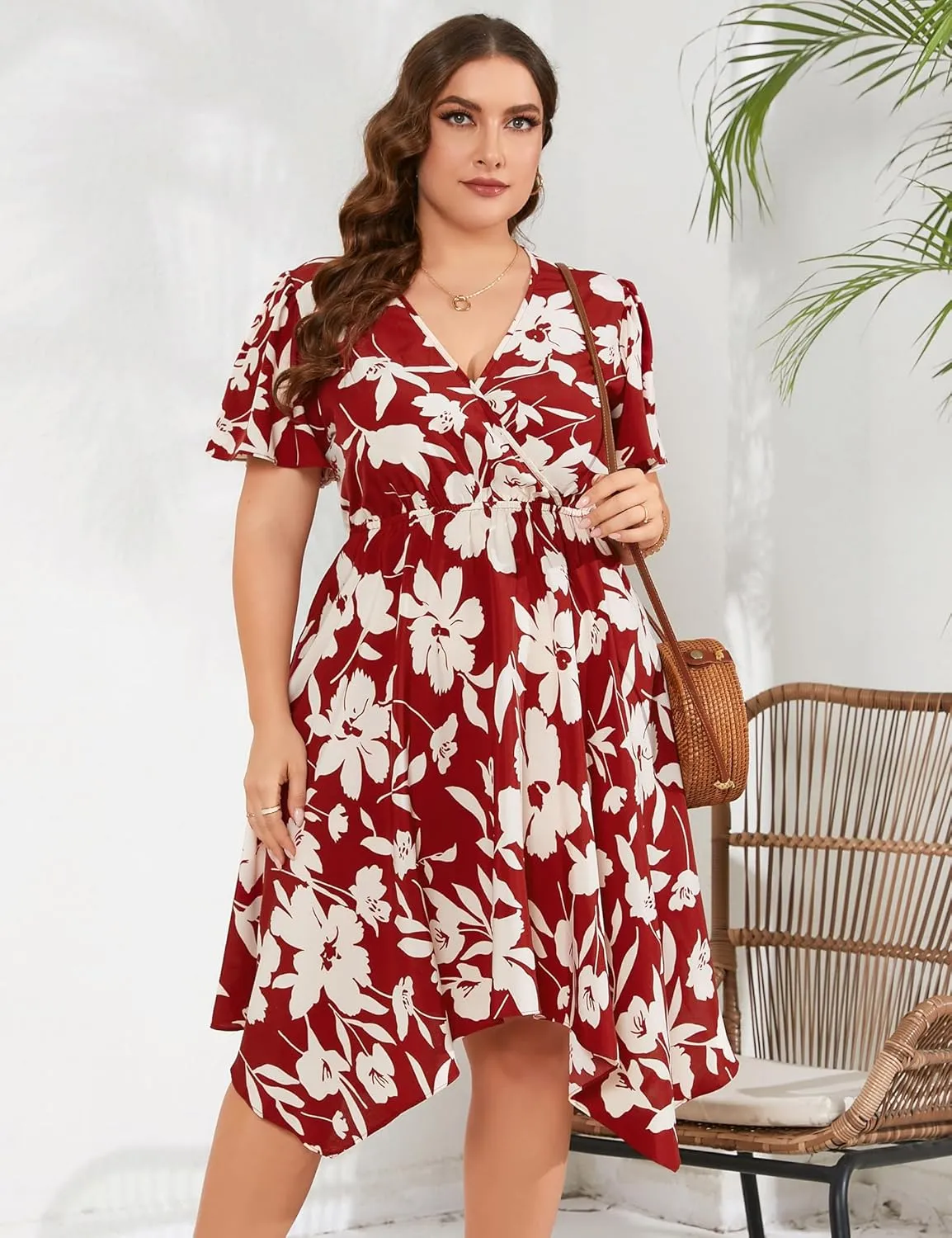 ShopWonder Women Plus Size Wrap V Neck Midi Dress Short Sleeves High Waist Irregular Hem Summer Casual Dress