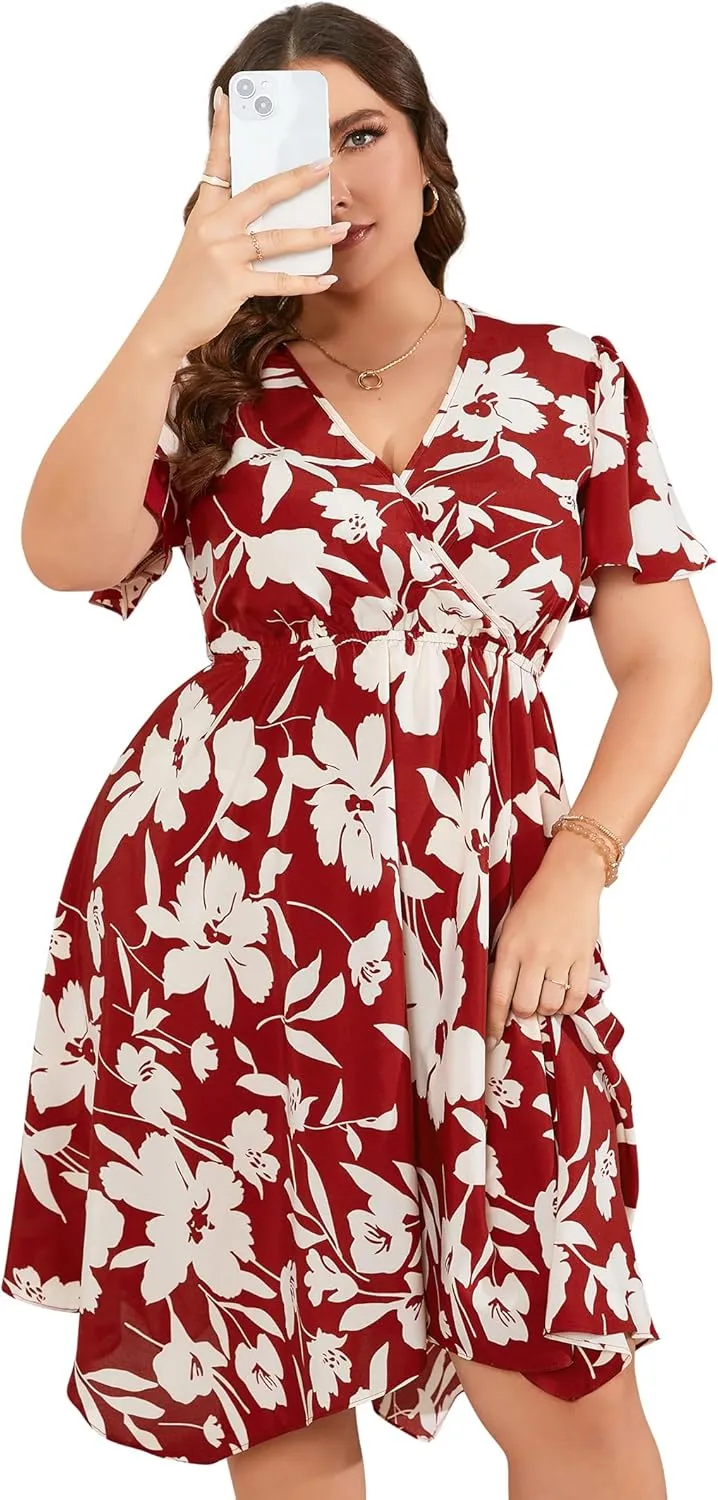 ShopWonder Women Plus Size Wrap V Neck Midi Dress Short Sleeves High Waist Irregular Hem Summer Casual Dress