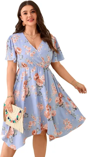 ShopWonder Women Plus Size Wrap V Neck Midi Dress Short Sleeves High Waist Irregular Hem Summer Casual Dress