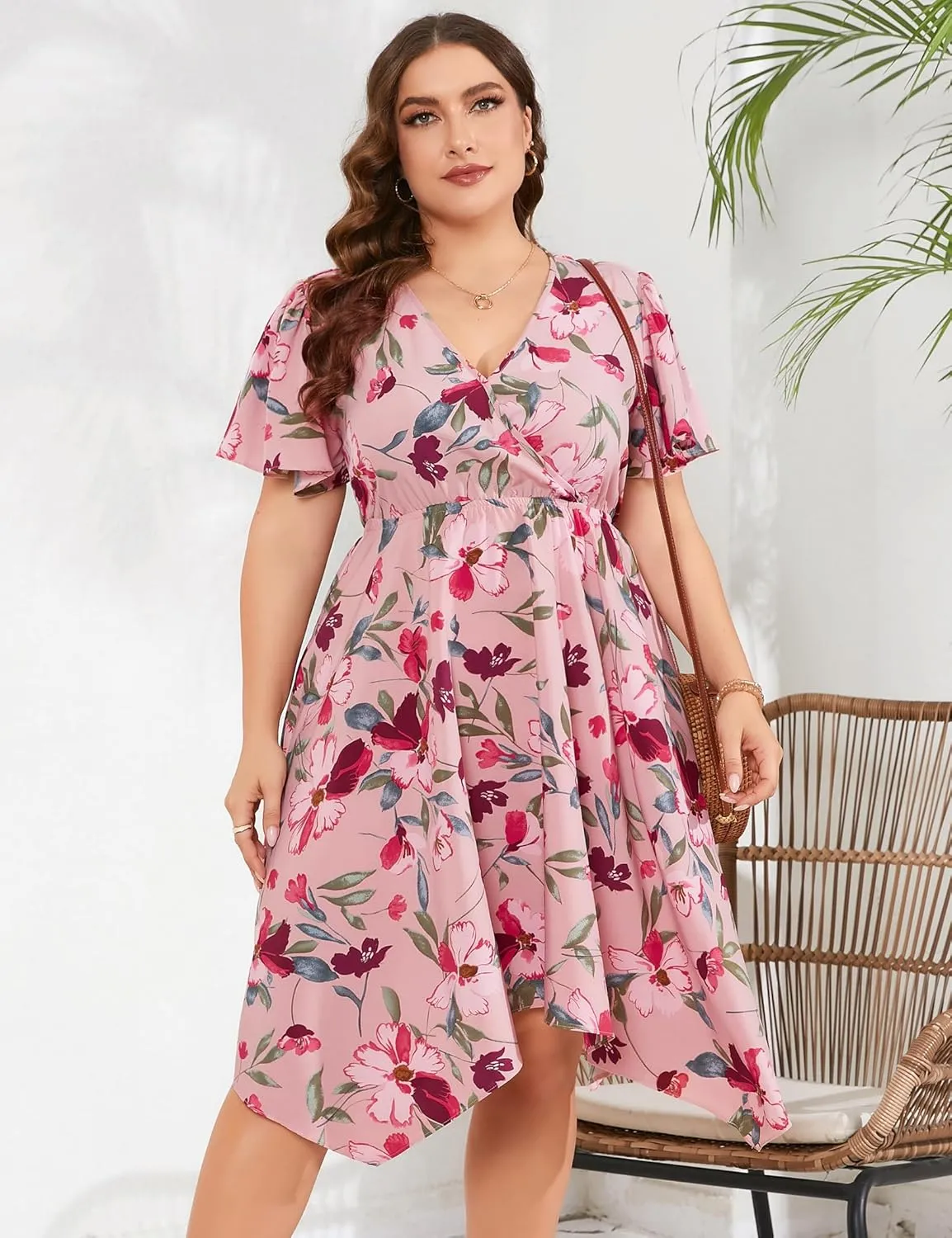 ShopWonder Women Plus Size Wrap V Neck Midi Dress Short Sleeves High Waist Irregular Hem Summer Casual Dress