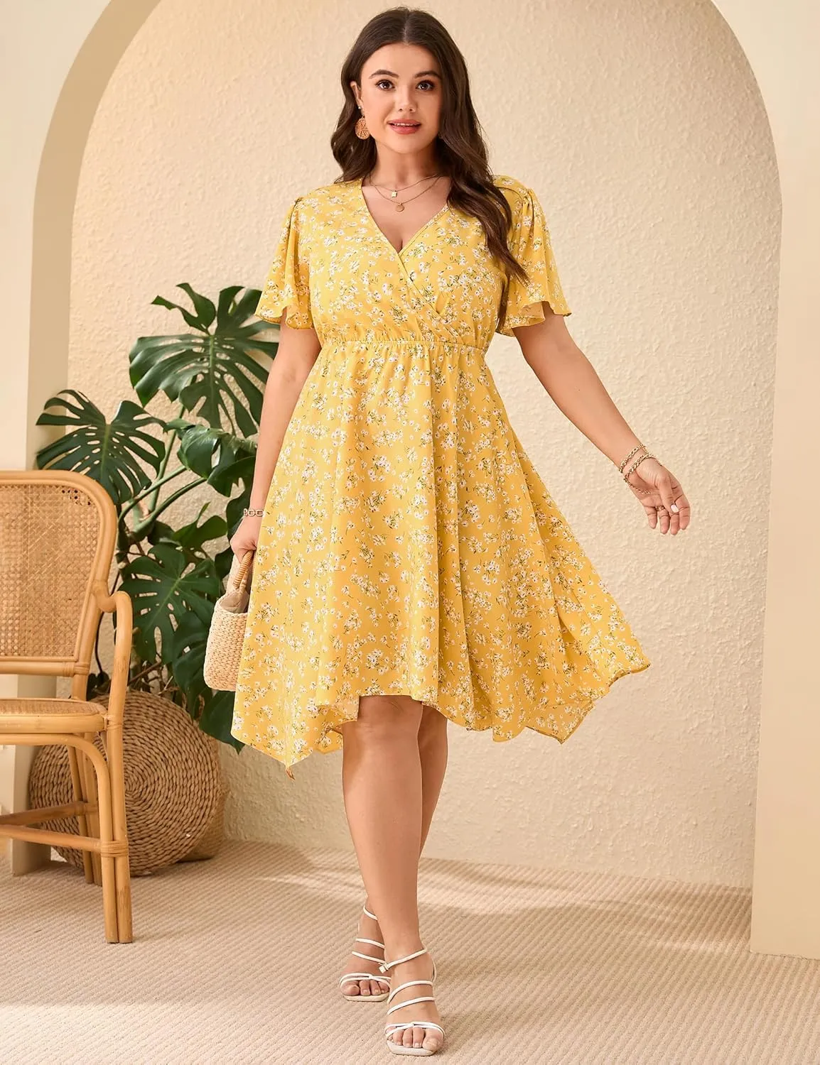 ShopWonder Women Plus Size Wrap V Neck Midi Dress Short Sleeves High Waist Irregular Hem Summer Casual Dress