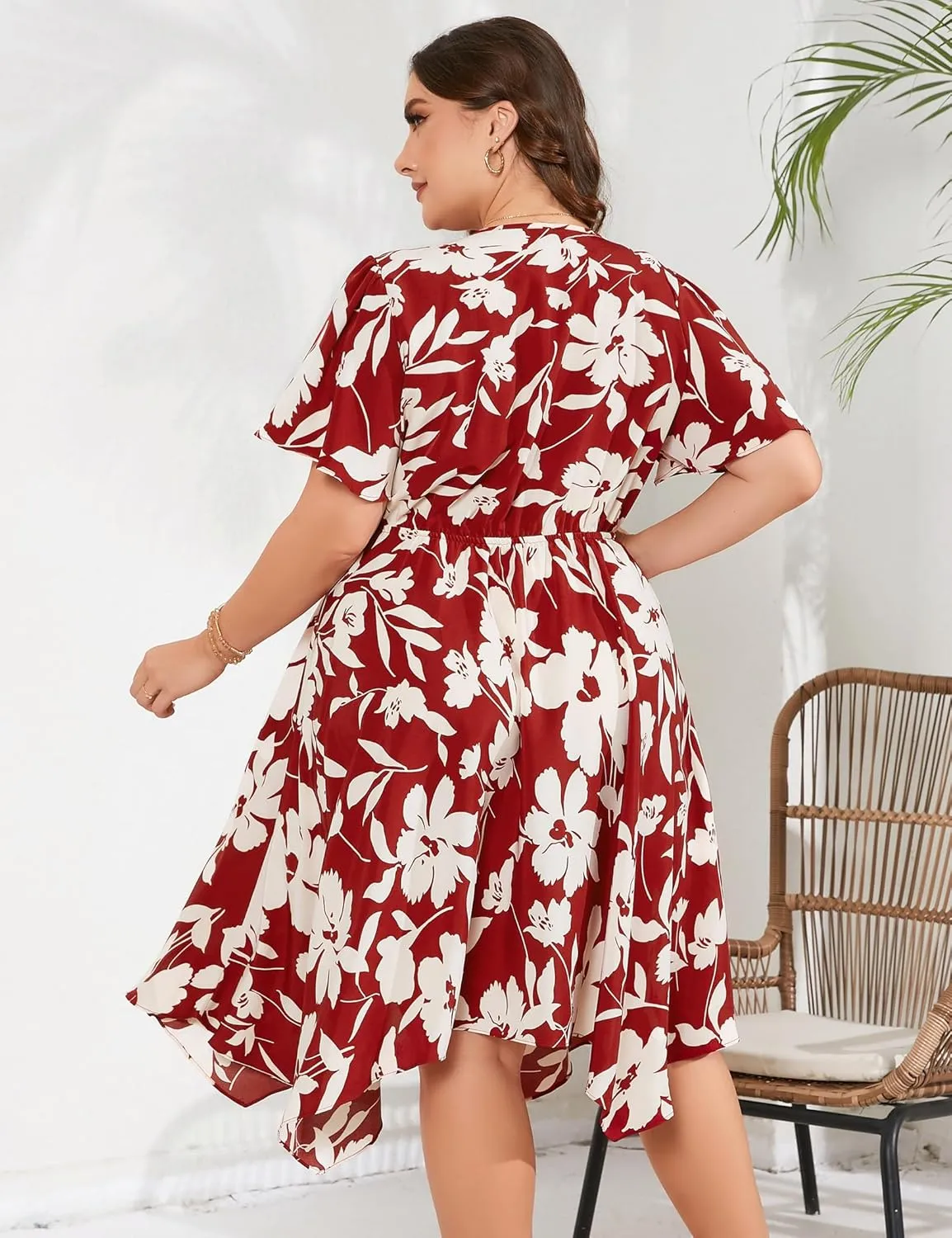 ShopWonder Women Plus Size Wrap V Neck Midi Dress Short Sleeves High Waist Irregular Hem Summer Casual Dress