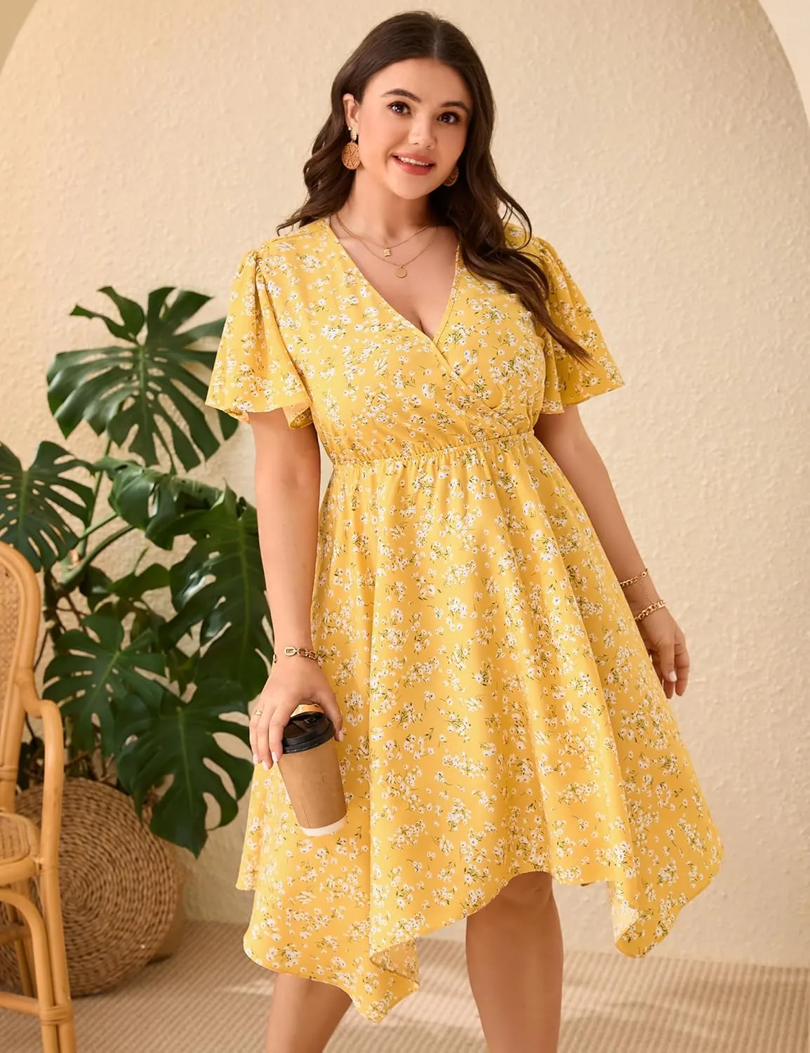 ShopWonder Women Plus Size Wrap V Neck Midi Dress Short Sleeves High Waist Irregular Hem Summer Casual Dress
