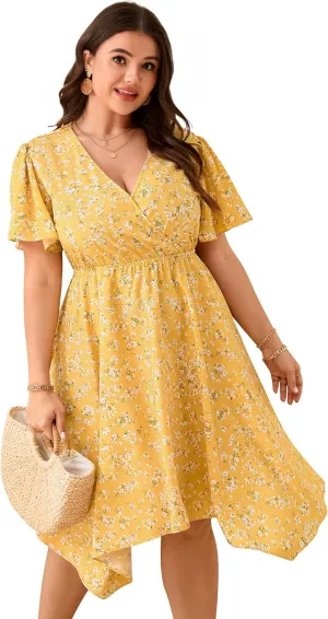 ShopWonder Women Plus Size Wrap V Neck Midi Dress Short Sleeves High Waist Irregular Hem Summer Casual Dress