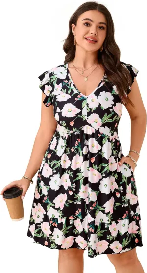 ShopWonder Womens Plus Size Casual V Neck Dress Loose Swing Ruffle Summer Boho Midi Dress with Pockets